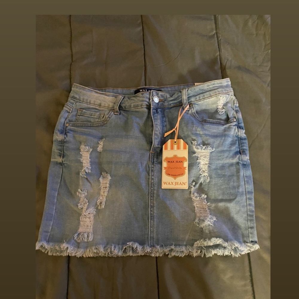 Denim distressed jean skirt